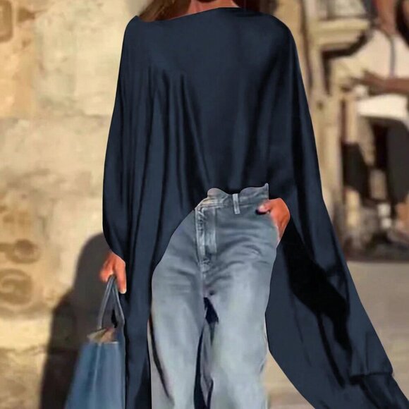 Navy Blue Casual Women's Asymmetrical Long Blouse - Picture 2 of 4